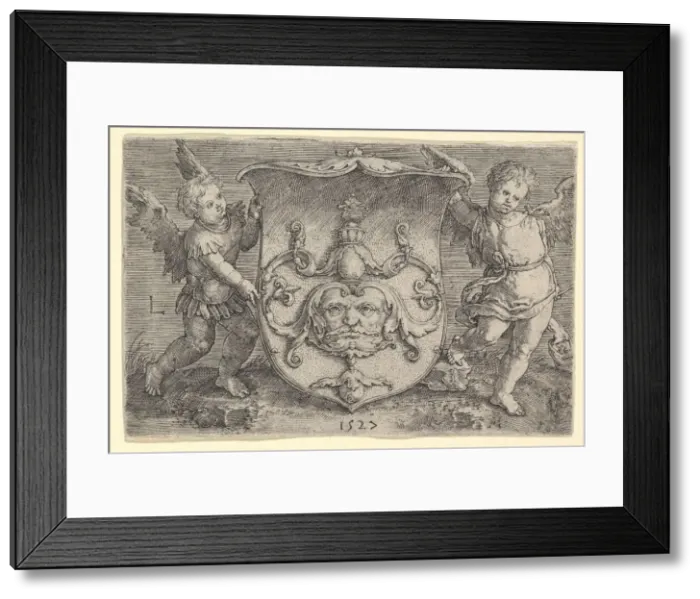 Framed Print : Coat of Arms with a Mask, Held by Two Genii, 1527. Creator: Lucas van Leyden Framed Print : Coat of Arms with a Mask, Held by Two Genii, 1527. Creator: Lucas van Leyden