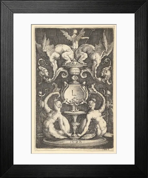 Framed Print : Panel of Ornament with Two Sirens, 1528. Creator: Lucas van Leyden Framed Print : Panel of Ornament with Two Sirens, 1528. Creator: Lucas van Leyden