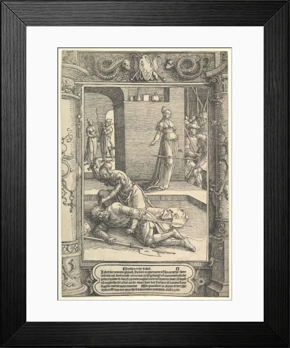 Framed Print : Jael Killing Sisera, ornamental frame, ca. 1517. Creator: Lucas van Leyden Framed Print : Jael Killing Sisera, ornamental frame, ca. 1517. Creator: Lucas van Leyden