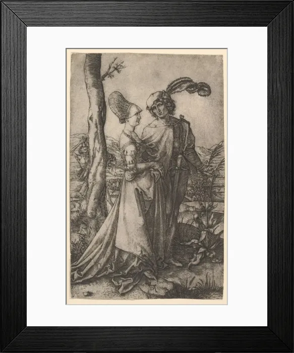 Framed Print : Lord and lady walking with figure of death hiding behind a tree, holding an hourg... ca
