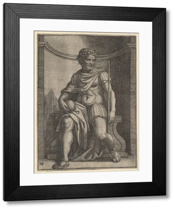 Framed Print : A Roman emperor sitting in a niche holding a globe and sceptre and looking to his... ca Framed Print : A Roman emperor sitting in a niche holding a globe and sceptre and looking to his... ca