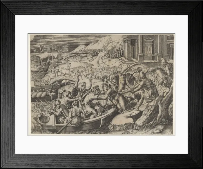 Framed Print : The abduction of Helen; battle scene on a shore with two men pulling Helen into a b Framed Print : The abduction of Helen; battle scene on a shore with two men pulling Helen into a b