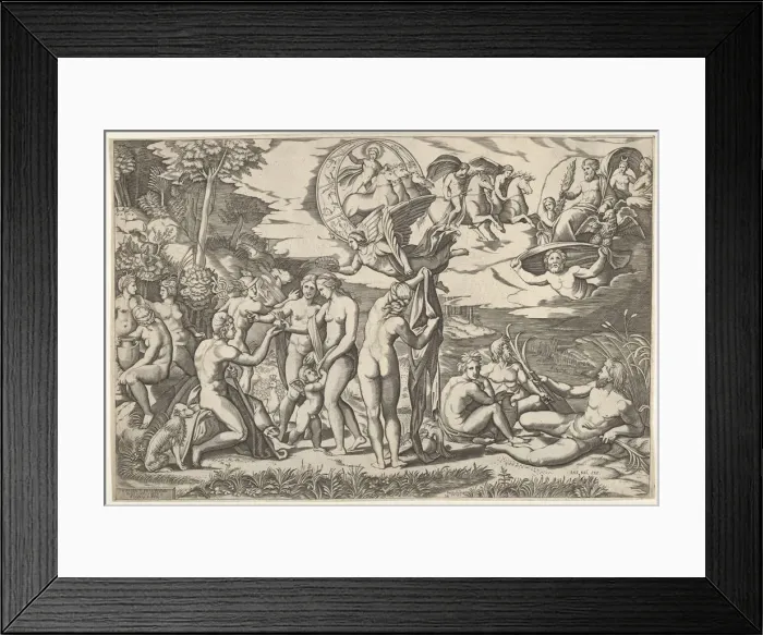 Framed Print : Judgment of Paris: Paris extends his hand toward Venus, who stands between Juno Framed Print : Judgment of Paris: Paris extends his hand toward Venus, who stands between Juno