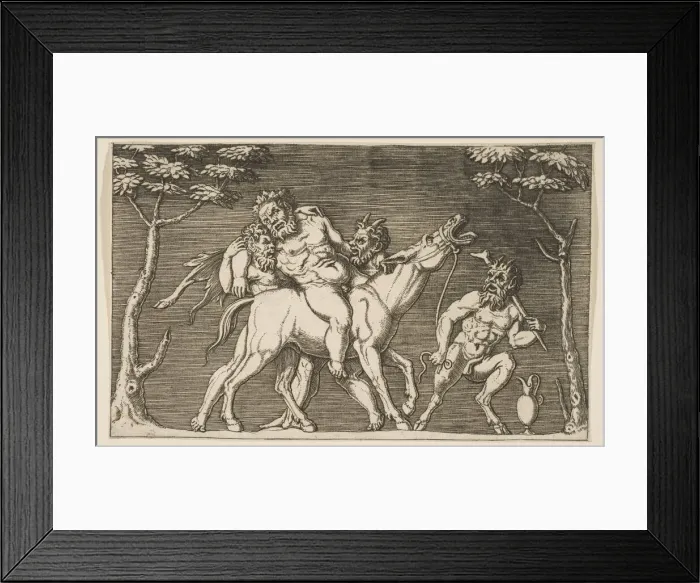 Framed Print : Two satyrs placing Silenus on a braying mule and a third satyr at right, ca. 1515-27 Framed Print : Two satyrs placing Silenus on a braying mule and a third satyr at right, ca. 1515-27