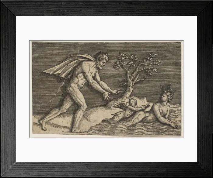 Framed Print : A naked man pursing a naiad and a cupid into the water, ca. 1515-27. Creator: Marco Dente Framed Print : A naked man pursing a naiad and a cupid into the water, ca. 1515-27. Creator: Marco Dente