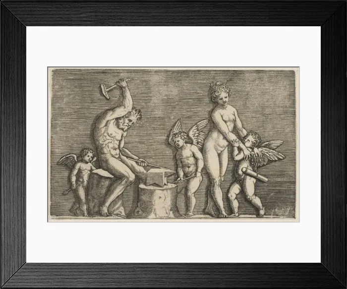 Framed Print : Vulcan seated hammering on an anvil flanked by Venus and three cupids, ca. 1515-27 Framed Print : Vulcan seated hammering on an anvil flanked by Venus and three cupids, ca. 1515-27