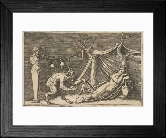 Framed Print : A satyr discovering a sleeping woman; two crabs hanging from a rope which is strung