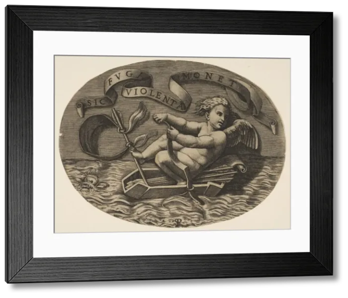 Framed Print : Eros escaping by sea using his bow to propel a boat made from his quiver with an ar Framed Print : Eros escaping by sea using his bow to propel a boat made from his quiver with an ar