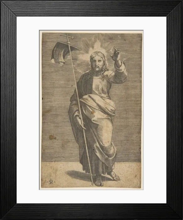 Framed Print : Christ standing facing forward, holding a cross with a banner and raising his left Framed Print : Christ standing facing forward, holding a cross with a banner and raising his left