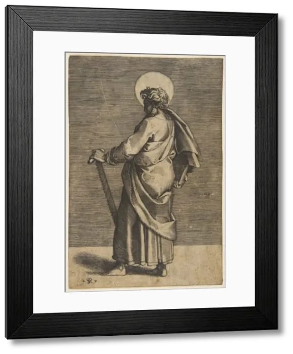 Framed Print : Saint Simon standing facing left, holding a saw and a book, ca. 1515-27 Framed Print : Saint Simon standing facing left, holding a saw and a book, ca. 1515-27