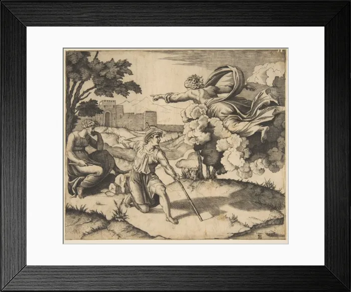 Framed Print : God appearing to Isaac; God floating in clouds pointing toward Rebecca seated under Framed Print : God appearing to Isaac; God floating in clouds pointing toward Rebecca seated under