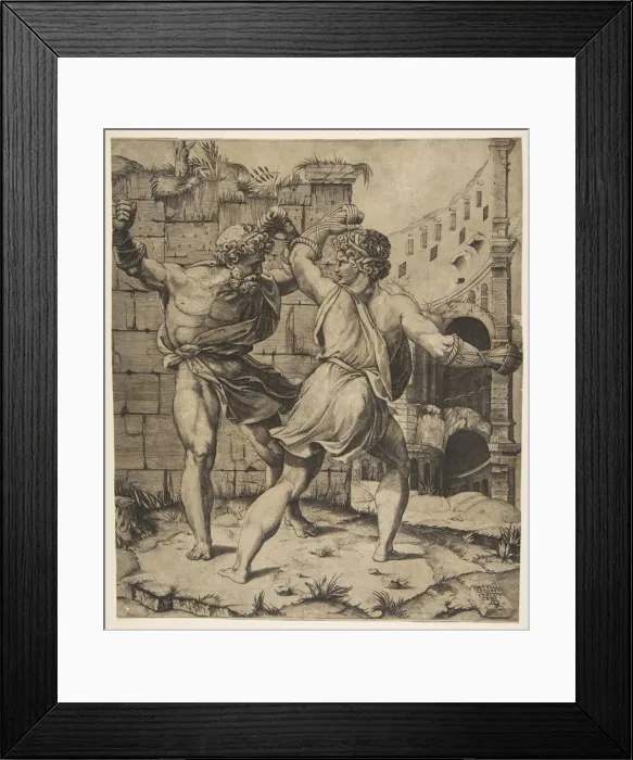 Framed Print : Entellus and Dares fighting in front of classical ruins, 1520-25. Creator: Marco Dente Framed Print : Entellus and Dares fighting in front of classical ruins, 1520-25. Creator: Marco Dente