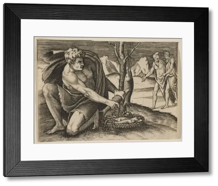 Framed Print : A man kneeling next to a basket of fish and taking one with both hands, two men Framed Print : A man kneeling next to a basket of fish and taking one with both hands, two men