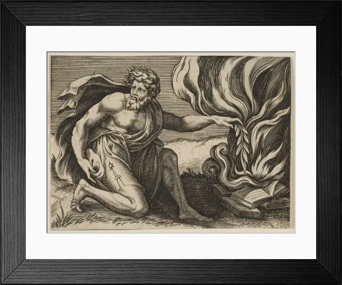 Framed Print : A man kneeling and placing a laurel branch upon a pile of burning books, ca. 1515-27 Framed Print : A man kneeling and placing a laurel branch upon a pile of burning books, ca. 1515-27