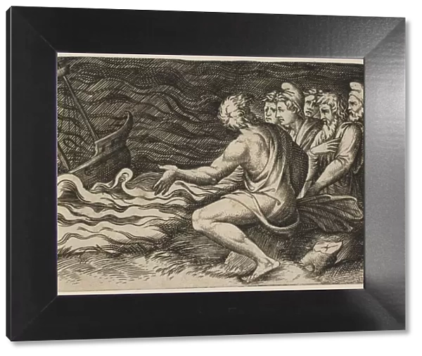 A group of figures at right witnessing a shipwreck, ca. 1515-27. Creator: Marco Dente