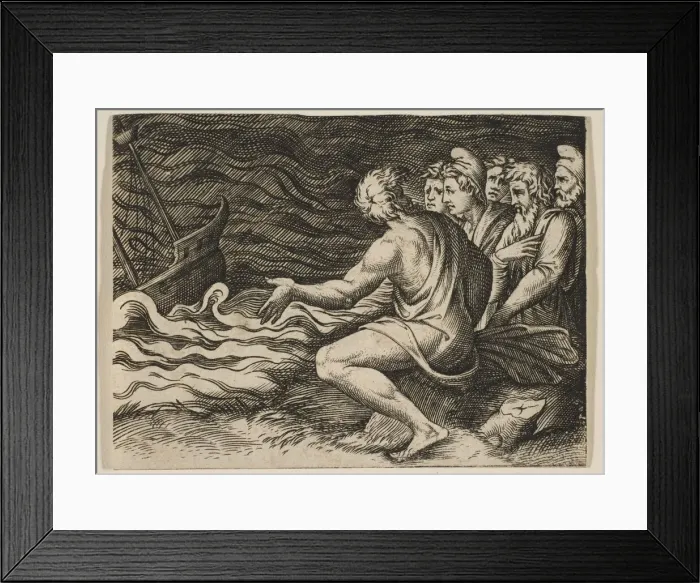 Framed Print : A group of figures at right witnessing a shipwreck, ca. 1515-27. Creator: Marco Dente Framed Print : A group of figures at right witnessing a shipwreck, ca. 1515-27. Creator: Marco Dente
