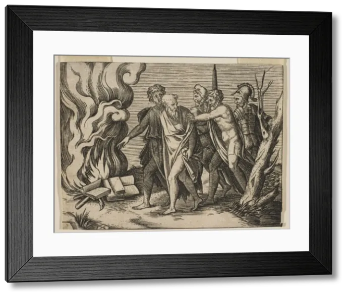 Framed Print : A group of men at right pushing philosophers toward a fire with burning books at th Framed Print : A group of men at right pushing philosophers toward a fire with burning books at th