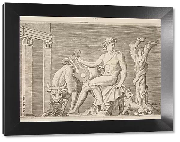 Apollo tending the flocks of Admetus, Apollo seated holding a lyre and flanked by a