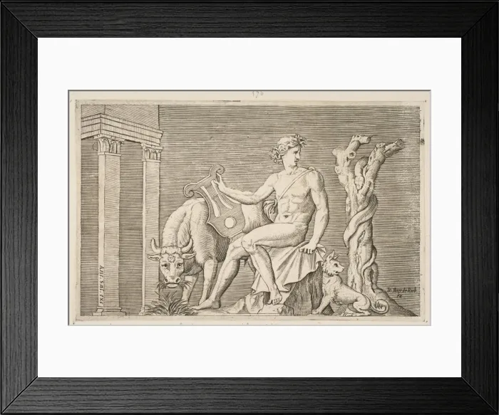 Framed Print : Apollo tending the flocks of Admetus, Apollo seated holding a lyre and flanked by a