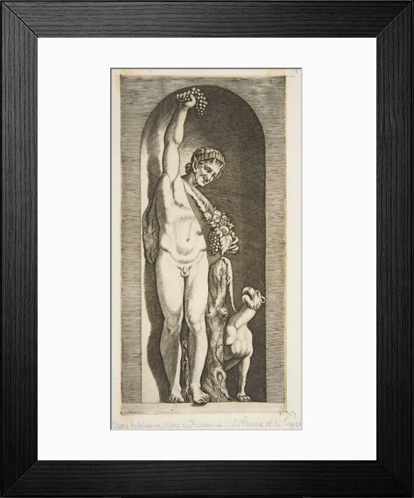 Framed Print : A faun standing in a niche holding aloft a bunch of grapes with his right hand Framed Print : A faun standing in a niche holding aloft a bunch of grapes with his right hand