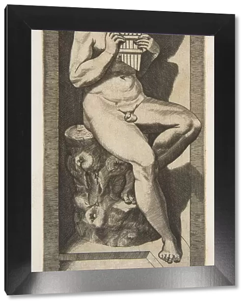 Olympus naked seated on a tree stump holding pipes, set within a niche, ca. 1515-27