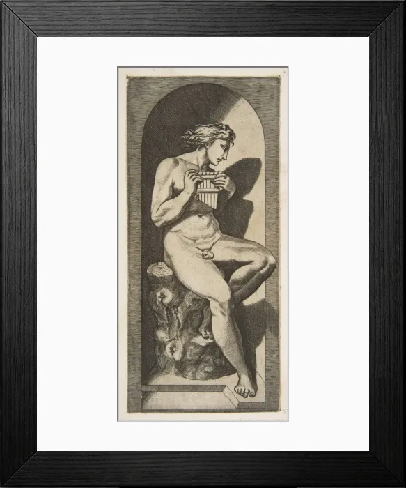 Framed Print : Olympus naked seated on a tree stump holding pipes, set within a niche, ca. 1515-27 Framed Print : Olympus naked seated on a tree stump holding pipes, set within a niche, ca. 1515-27