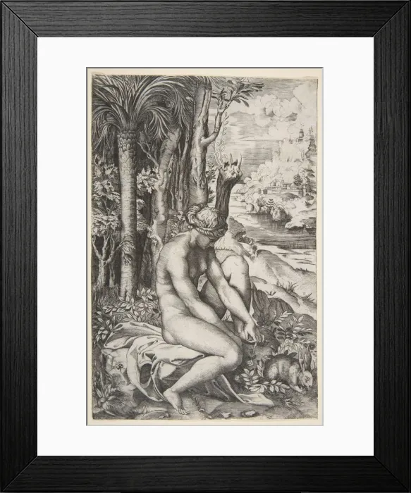 Framed Print : Venus removing a thorn from her left foot while seated on a cloth next to trees, a Framed Print : Venus removing a thorn from her left foot while seated on a cloth next to trees, a