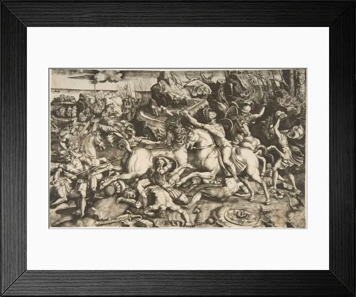 Framed Print : Battle scene in a landscape with soldiers on horseback and several fallen men, another Framed Print : Battle scene in a landscape with soldiers on horseback and several fallen men, another