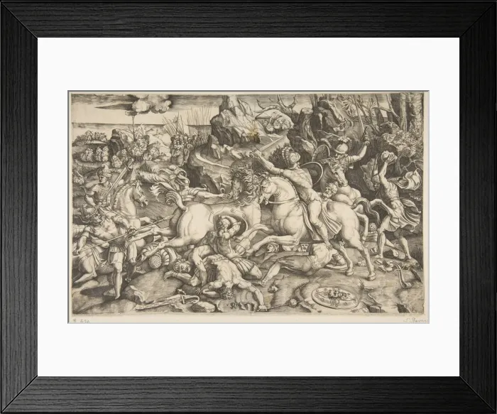 Framed Print : Battle scene in a landscape with soldiers on horseback and several fallen men, another Framed Print : Battle scene in a landscape with soldiers on horseback and several fallen men, another