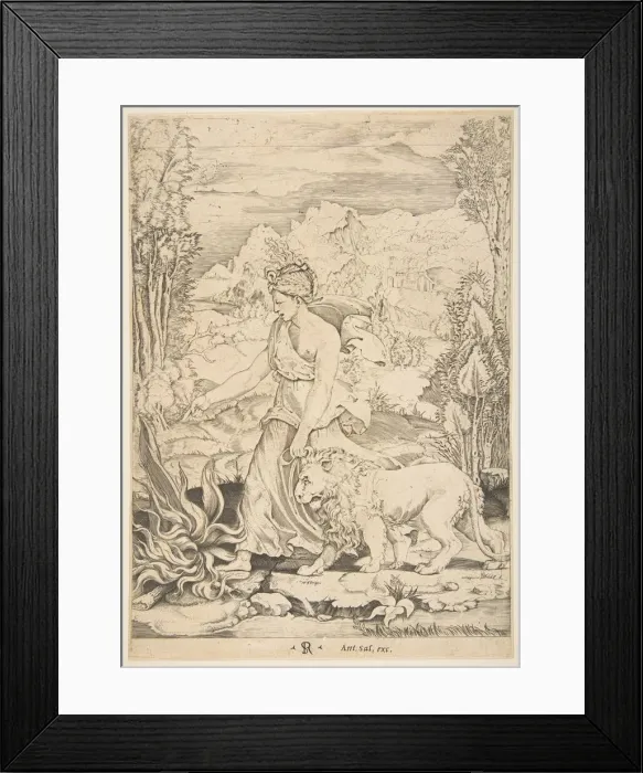 Framed Print : Fortitude in profile view walking toward a fire at left and leading a harnessed lio Framed Print : Fortitude in profile view walking toward a fire at left and leading a harnessed lio
