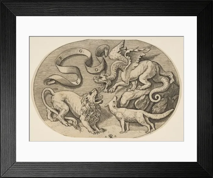 Framed Print : A lion, dragon and fox fighting each other, an inscribed banderole above, an oval c Framed Print : A lion, dragon and fox fighting each other, an inscribed banderole above, an oval c
