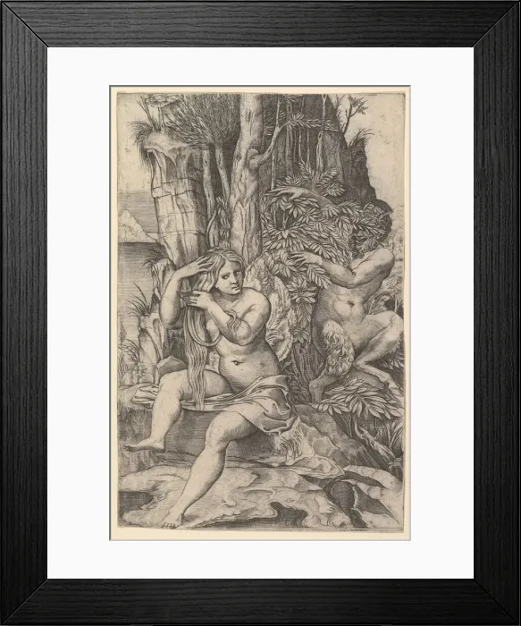 Framed Print : Pan spying on the nymph Syrinx who is seated on a rock, combing her hair, ca. 1516-20 Framed Print : Pan spying on the nymph Syrinx who is seated on a rock, combing her hair, ca. 1516-20