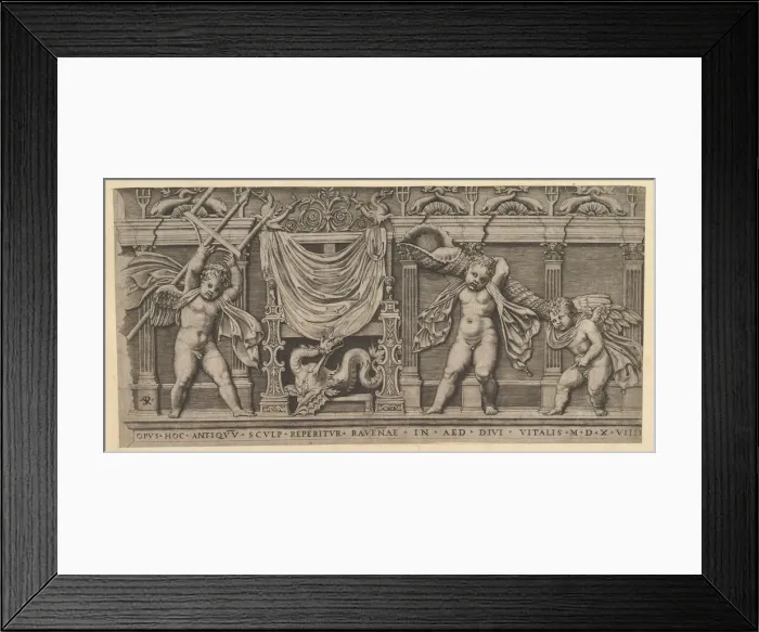 Framed Print : Speculum Romanae Magnificentiae: Bas-Relief with Three Cupids, 1519. Creator: Marco Dente Framed Print : Speculum Romanae Magnificentiae: Bas-Relief with Three Cupids, 1519. Creator: Marco Dente