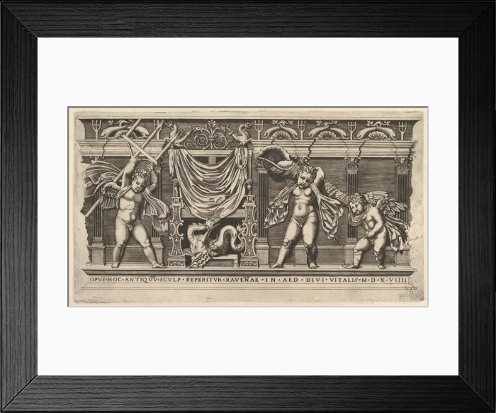 Framed Print : Speculum Romanae Magnificentiae: Bas-Relief with Three Cupids, 1519. Creator: Marco Dente Framed Print : Speculum Romanae Magnificentiae: Bas-Relief with Three Cupids, 1519. Creator: Marco Dente