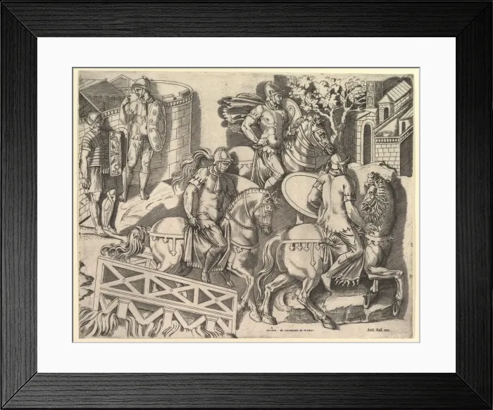 Framed Print : Speculum Romanae Magnificentiae: Roman Horsemen Crossing a Bridge (from Trajans C Framed Print : Speculum Romanae Magnificentiae: Roman Horsemen Crossing a Bridge (from Trajans C