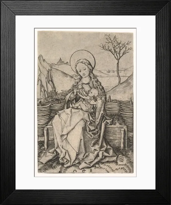 Framed Print : Virgin and Child on a Grassy Bench, ca. 1435-1491. Creator: Martin Schongauer Framed Print : Virgin and Child on a Grassy Bench, ca. 1435-1491. Creator: Martin Schongauer