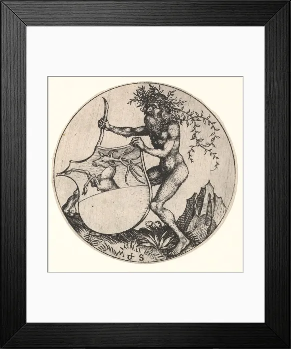 Framed Print : Shield with Stag Held by Wild Man, ca. 1435-1491. Creator: Martin Schongauer Framed Print : Shield with Stag Held by Wild Man, ca. 1435-1491. Creator: Martin Schongauer