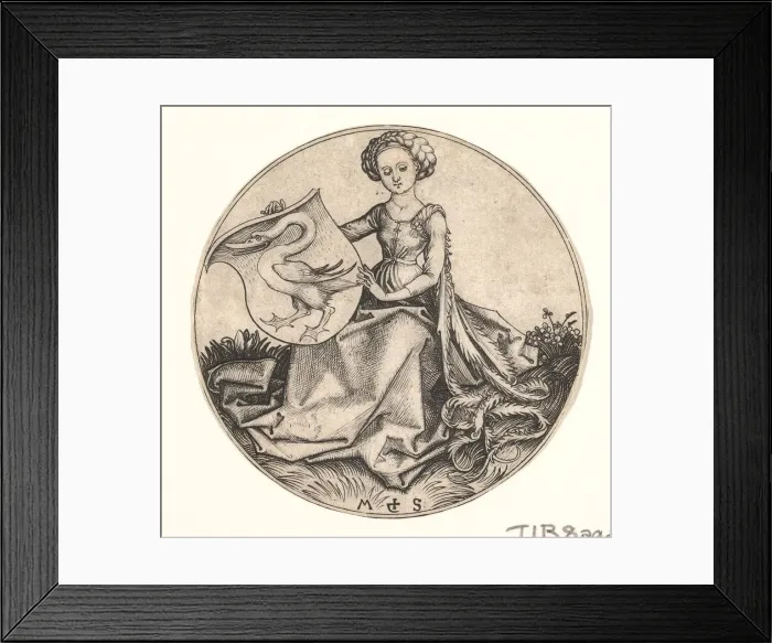 Framed Print : Shield with Swan Held by Woman, ca. 1435-1491. Creator: Martin Schongauer Framed Print : Shield with Swan Held by Woman, ca. 1435-1491. Creator: Martin Schongauer