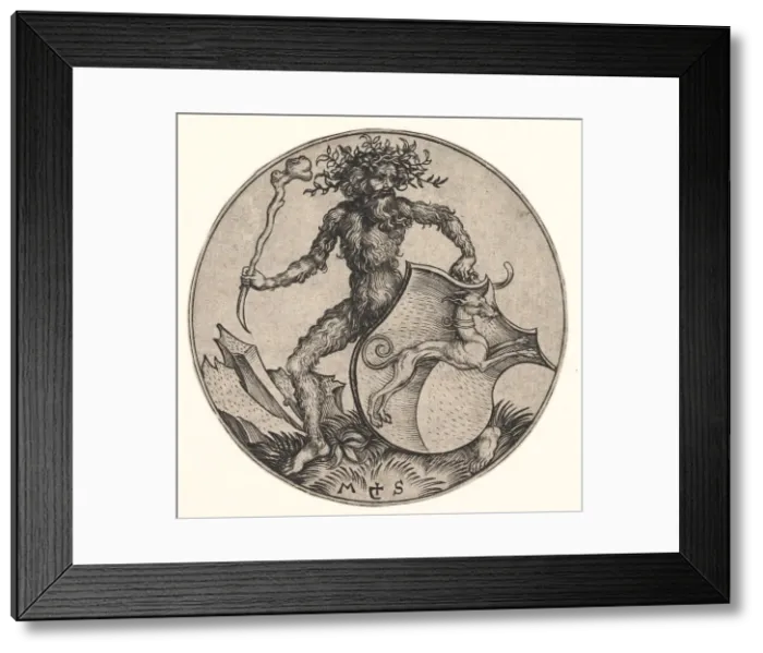 Framed Print : Shield with Greyhound Held by Wild Man, ca. 1435-1491. Creator: Martin Schongauer Framed Print : Shield with Greyhound Held by Wild Man, ca. 1435-1491. Creator: Martin Schongauer