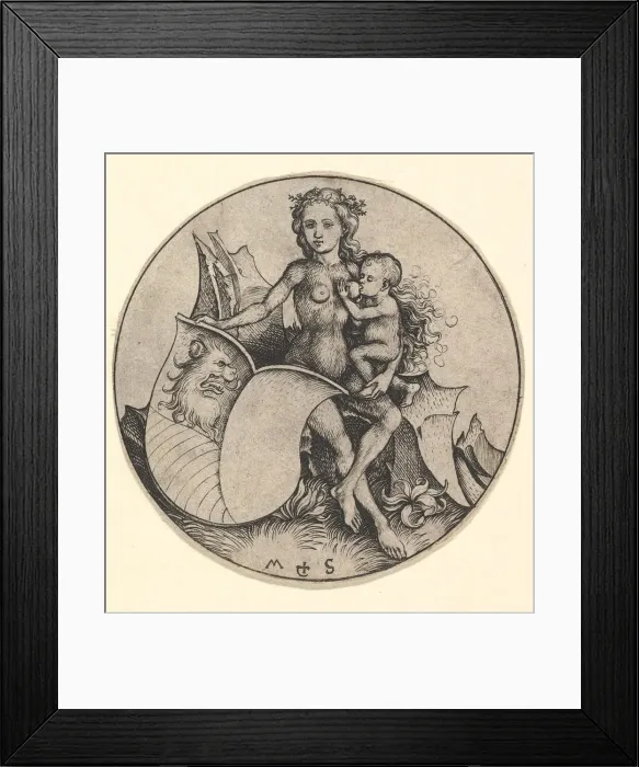Framed Print : Wild Woman Holding a Shield with a Lions Head, ca. 1435-1491. Creator: Martin Schongauer Framed Print : Wild Woman Holding a Shield with a Lions Head, ca. 1435-1491. Creator: Martin Schongauer