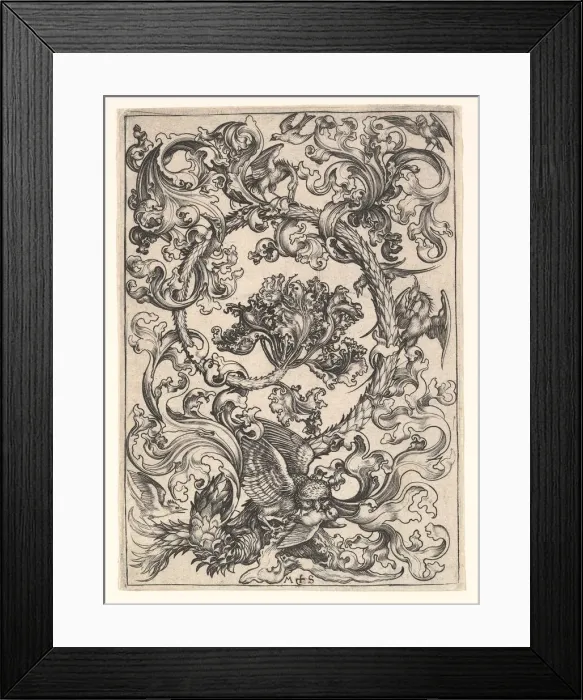 Framed Print : Ornament with Owl Mocked by Day Birds, ca. 1435-1491. Creator: Martin Schongauer Framed Print : Ornament with Owl Mocked by Day Birds, ca. 1435-1491. Creator: Martin Schongauer