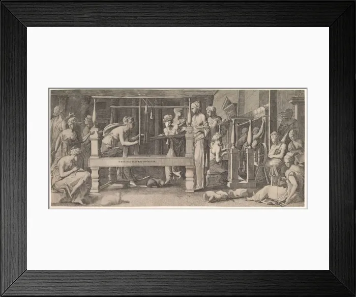 Framed Print : Women spinning, weaving and sewing, mid-16th century. Creator: Master FG (Italian Framed Print : Women spinning, weaving and sewing, mid-16th century. Creator: Master FG (Italian