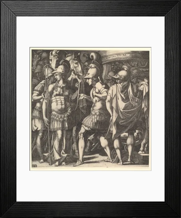 Framed Print : Alexander welcoming Thalestris and the Amazons, mid-16th century. Creator: Master FG Framed Print : Alexander welcoming Thalestris and the Amazons, mid-16th century. Creator: Master FG