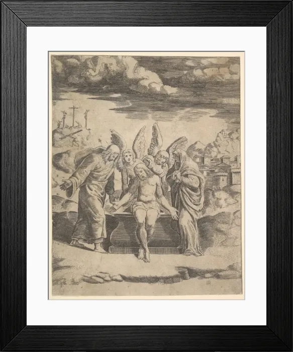Framed Print : Christ seated on the tomb supported by angels, 1530-60. Creator: Master of the Die Framed Print : Christ seated on the tomb supported by angels, 1530-60. Creator: Master of the Die