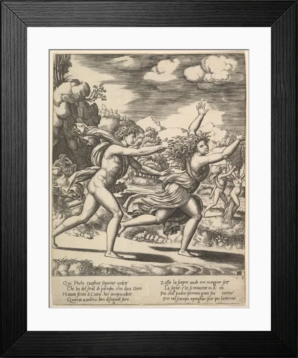 Framed Print : Apollo chasing Daphne who throws her arms up, in the background at right shows the mome