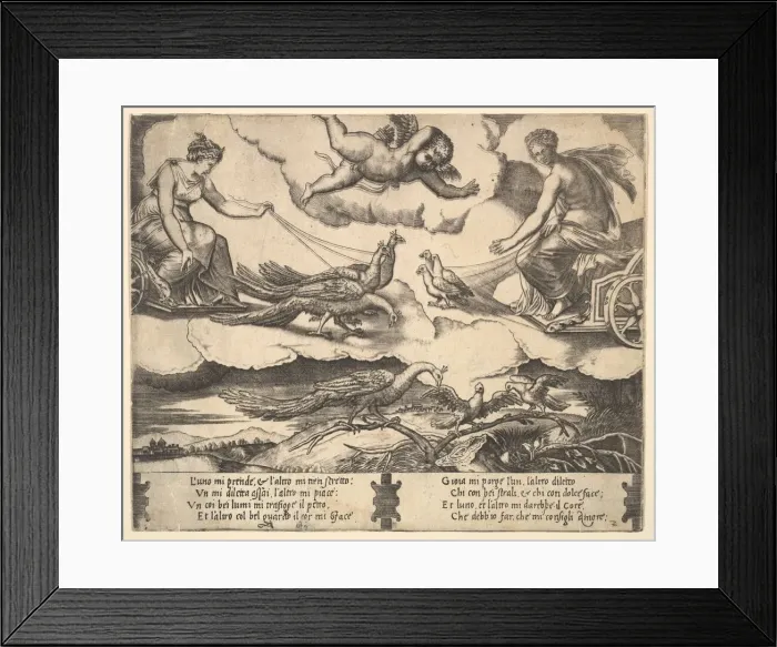 Framed Print : Allegory of Marriage and Love; Juno in a chariot drawn by peacocks at left, Venus in a