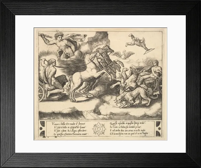 Framed Print : Apollo in his horse-drawn chariot at the left, above him above Jupiter hurls a thunderb
