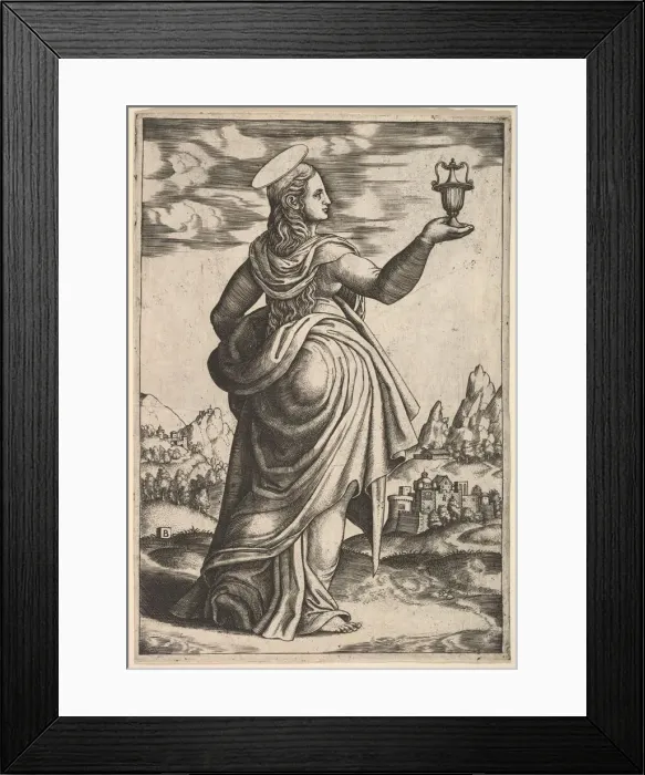 Framed Print : The Magdalene standing facing right, jar held in her raised right hand, 1530-60 Framed Print : The Magdalene standing facing right, jar held in her raised right hand, 1530-60