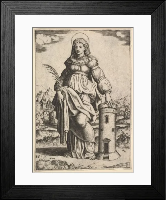 Framed Print : Saint Barbara standing, palm in her right hand, resting her left hand on a tower, 1530-60 Framed Print : Saint Barbara standing, palm in her right hand, resting her left hand on a tower, 1530-60