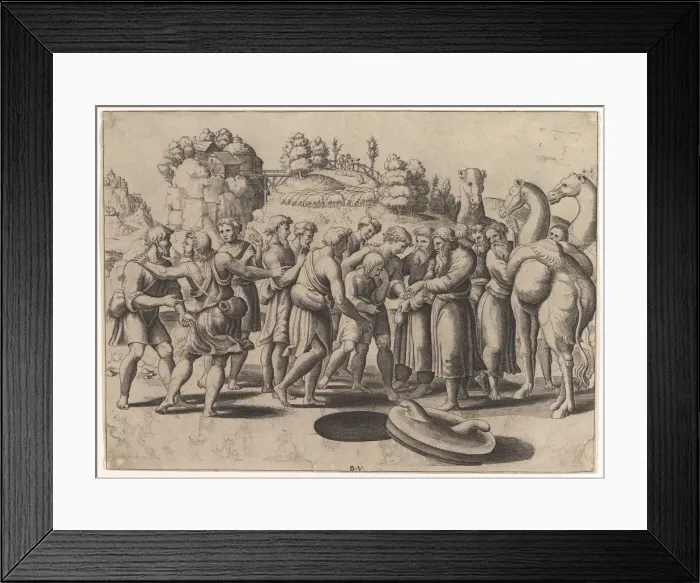 Framed Print : Joseph in the centre being sold by his brothers standing above a well Framed Print : Joseph in the centre being sold by his brothers standing above a well